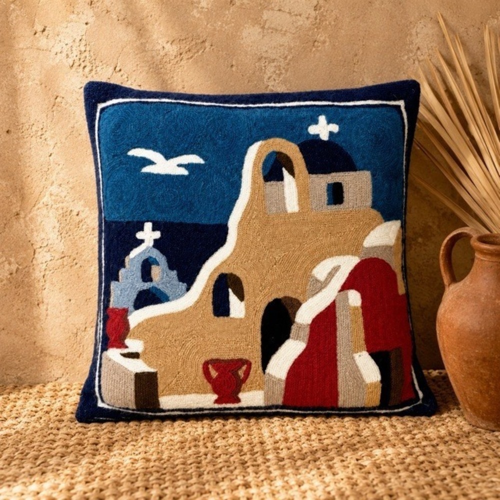 Vintage Santorini Greece Chain Stitch Wool Embroidered Pillow 15x15